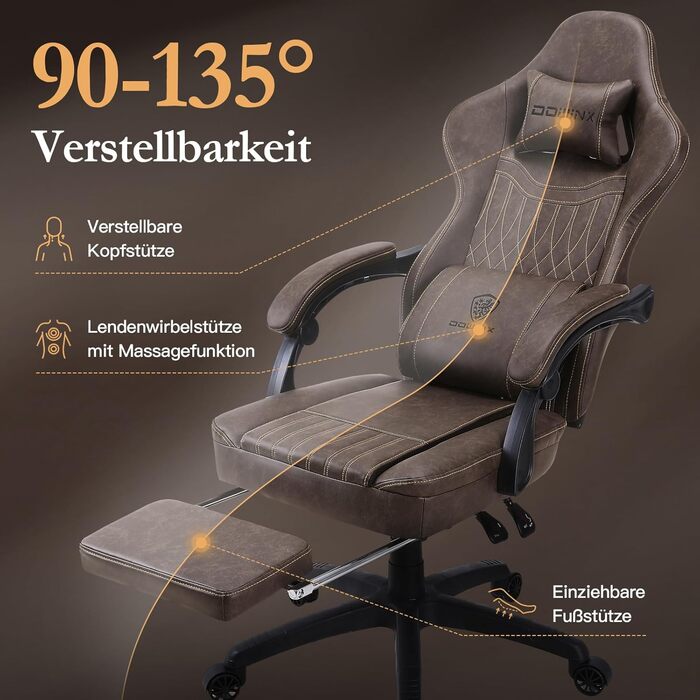 Ігровий крісло Dowinx з пружинним сидінням, Масажний геймерський крісло з підтримкою попереку, Ергономічне ігрове крісло з підніжкою, Офісне крісло з PU шкіри, Колір: Коричневий