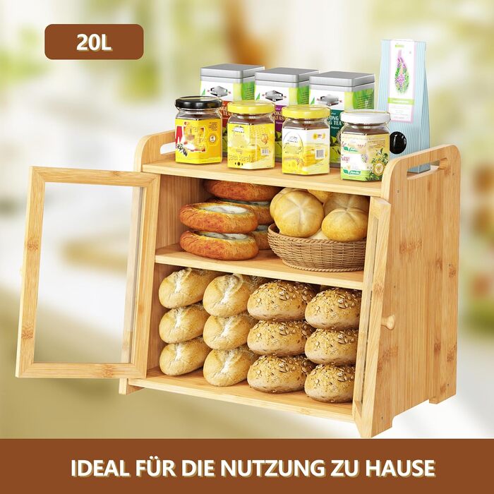 AMBIRD Бак для хліба з бамбука 20л - велика місткість з прозорими акриловими дверцятами, подвійне зберігання з вентиляцією та бічними ручками - зберігає хліб свіжим та організовує кухонний простір, CBBNA002EUAM13