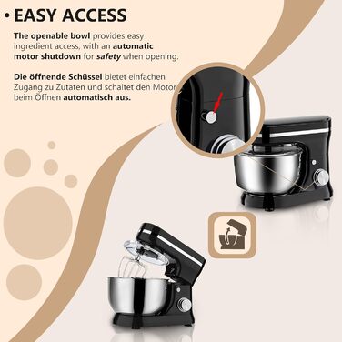 Кухонна машина Retoo 3-в-1 з нержавіючою чашею 6 л, 2000 Вт, 6 швидкостей, планетарний міксер, гак для тіста, вінчик, захист від бризок, кухонний комбайн, планетарна міксер, тістоміс