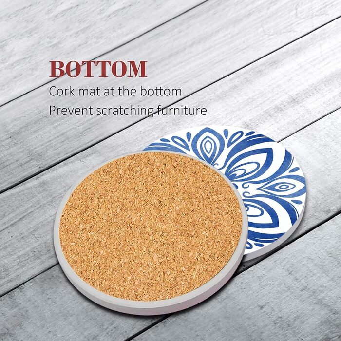 Set of 6 Drink Coasters, Geometric Tribal Boho Blue Red Absorbent Round Ceramic Stone Mat with Cork Bottom and Metal Holder, Housewarming Gift for Bar Decor (Ethnic Boho)