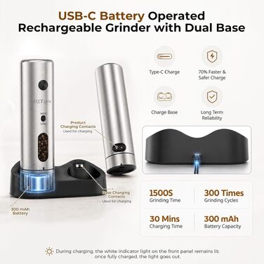 Електричний набір млинків для солі та перцю з USB-C зарядкою, 6 рівнів помолу, сріблясто-чорний