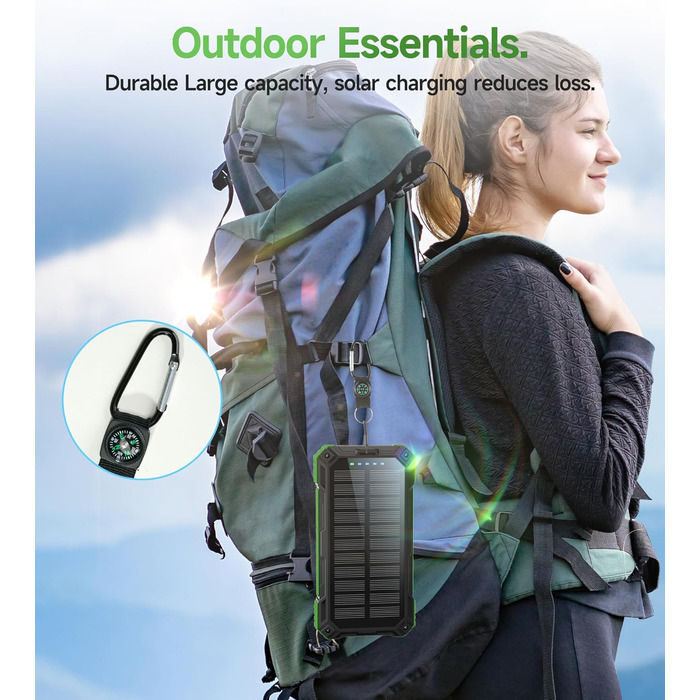 Портативний зарядний пристрій Solar Powerbank 56800mAh з бездротовою зарядкою, 30W PD, 6 виходів, ліхтарик, велика ємність для кемпінгу та подорожей (Зелений)