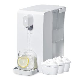 Hot water dispenser, instant water dispenser, filtered and heated water dispenser. Includes 3 filter cartridges. Filters water to reduce limescale, chlorine, lead, and copper in tap water.