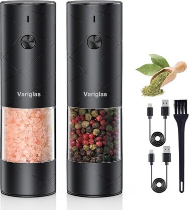Variglas Salt and Pepper Mills Electric 2-Piece Set with USB Rechargeable, Improved Large Capacity Electric Spice Grinder, Adjustable Coarseness, LED Light (01B)