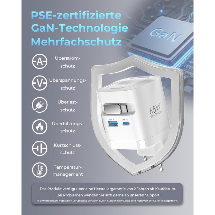 Зарядний пристрій 65W USB-C GaN з кабелями для Apple Watch, iPhone, iPad, MacBook, Samsung Galaxy - білий