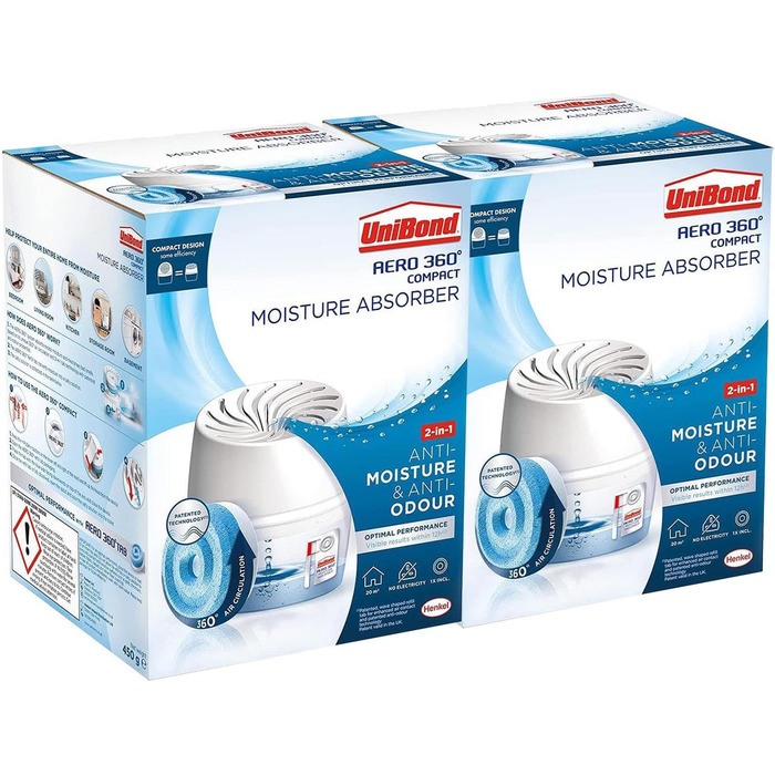 Unibond Aero 360 Compact Moisture Absorber, ultra-absorbent dehumidifier helps prevent condensation and musty odors, 1 unit included with 1 refill tablet 450 g in each box, bulk pack