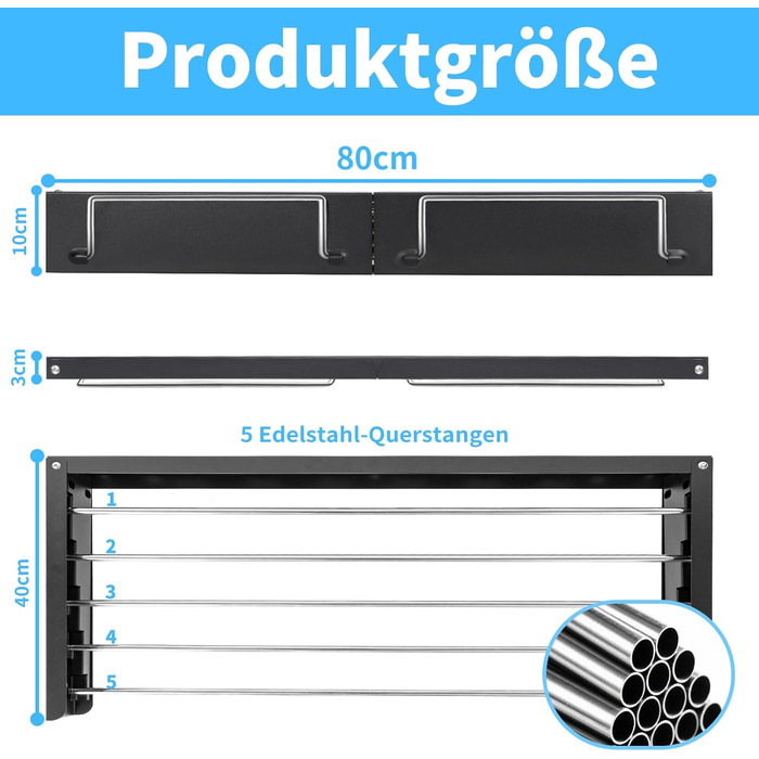 Настінний сушильник для білизни з 80 см штангами, 5 ліній сушіння, розкладний, для дому та вулиці, чорний, 80 см