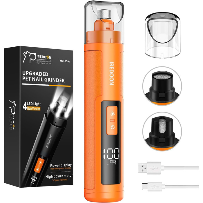 Шліфувальник кігтів для собак Profi Krallenschleifer: 3 режими, LED-підсвітка, тихий, акумуляторний, для великих, середніх та малих собак (темно-зелений/помаранчевий)