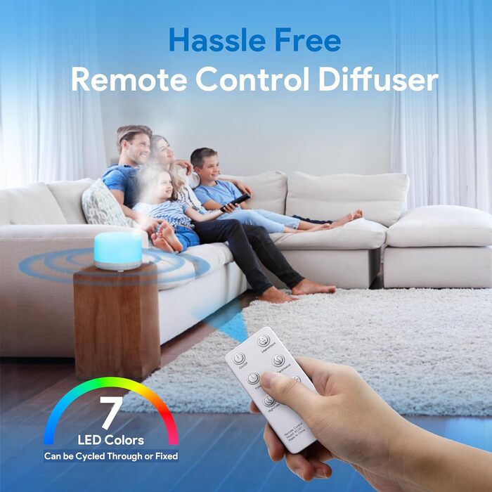 ASAKUKI Дифузор ароматерапії 500 мл, ультразвуковий зволожувач повітря з дистанційним керуванням, автоматичне вимкнення та 7 LED-кольорами