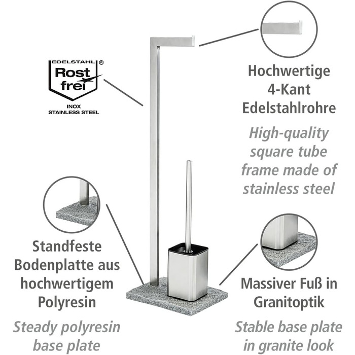 Набір для туалету WENKO Granit: тримач для щітки, нержавіюча сталь, сірий, 23 x 73.5 x 19.5 см