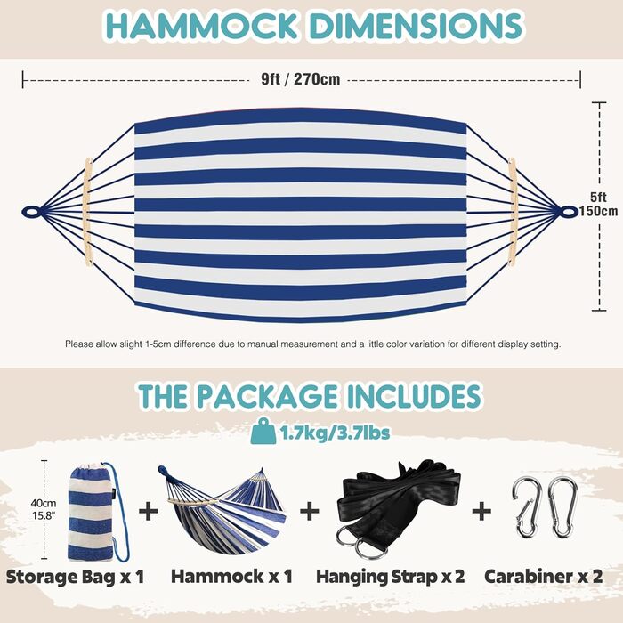 Гамак садовий ANYOO з дерев'яною перекладиною, портативний, блакитно-білий. Для тераси, саду, пляжу