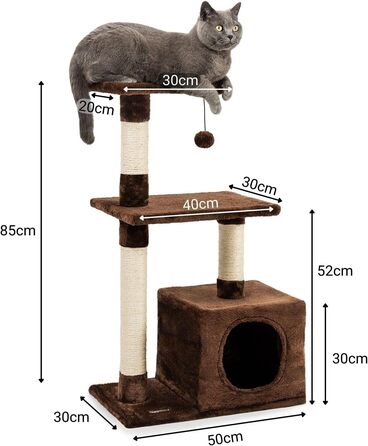Lionto Scratching Post for Cats with Cave and Plush Ball incl. Bell, Height 85 cm, Cat Tree with Sisal & Plush, Cozy Lying Areas & Cave, Suitable for Small & Large Cats, (Brown (with nameplate))