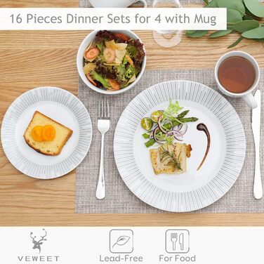 Набір посуду VEWEET FRAME на 4 особи (16 предметів): тарілки, миски, чашки, порцеляна