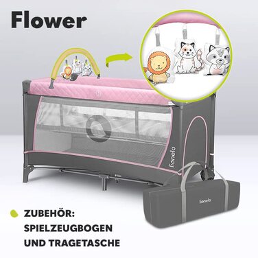 Lionelo Flower 4in1 Travel Cot Baby, Playpen Baby with Side Entrance, Changing Table, Two Mattress Suspension Heights, Play Arch with Figures, Wheels, Carry Bag 1 Piece (1 Pack) Pink