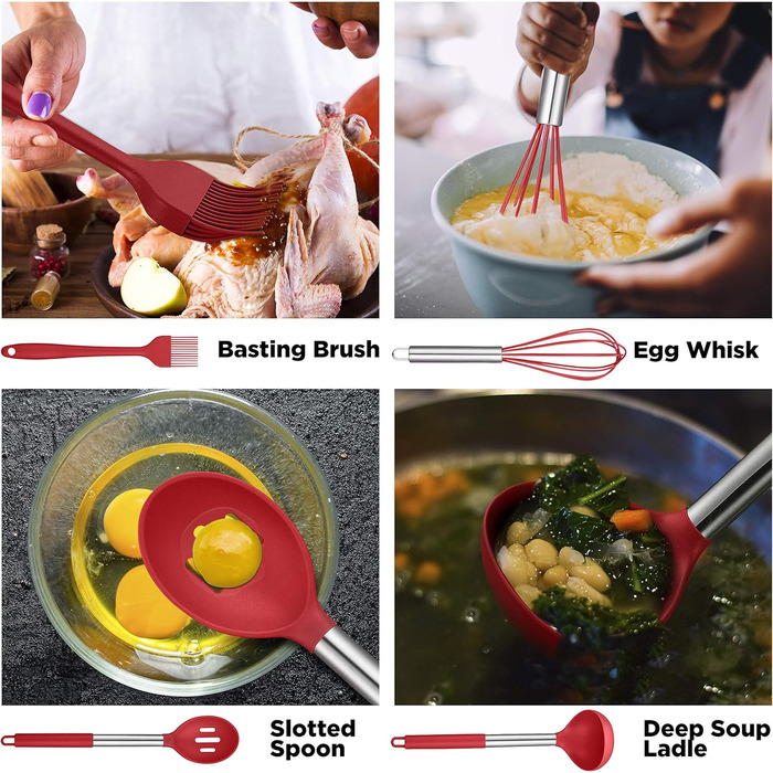 Набір кухонного приладдя ORBLUE 14 предметів: лопатки, шумовки, ложки з силікону та нержавіючої сталі, червоний