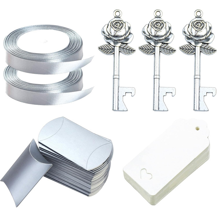 Aokbean 50pcs Wedding Key Bottle Openers Vintage Rose Flower Shape Gifts for Guest Gift Set with Candy Boxes, Thank You Tags and Ribbon (Antique Silver)