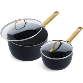 GreenPan Reserve Hartelox Ceramic Non-Stick Coating Cookware Set, 1.5QT and 3QT Saucepan Set with Lid, Gold-Colored Handle, PFAS-Free, Dishwasher Safe, Oven Safe, Black 4 Piece Set Black