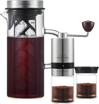 SILBERTHAL Набір для приготування кави French Press: ручна кавомолка, термопреса 1л, регульований помел, нержавіюча сталь та скло. Подарунковий набір для кавоманів та любителів Cold Brew
