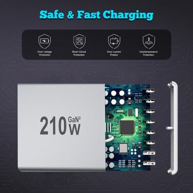 Зарядний пристрій USB-C 210W, багатопортовий (6x USB-C + 2x USB-A) PD 3.0 для iPhone, MacBook, Samsung Galaxy, планшетів - сріблястий