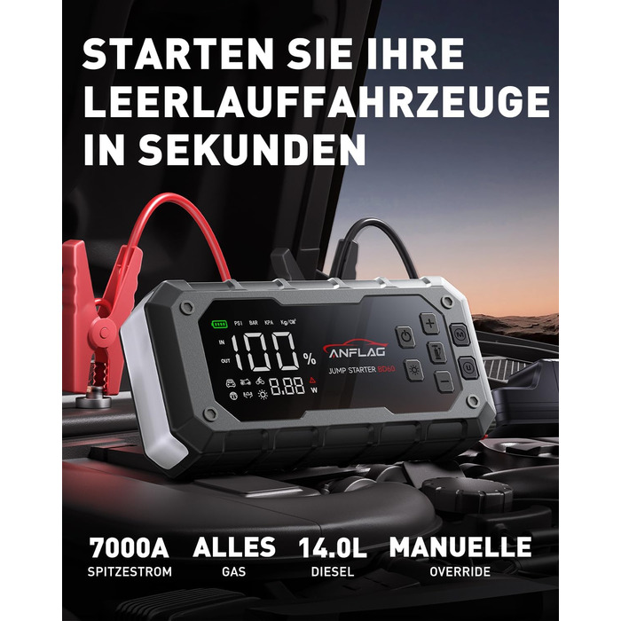 Портативний акумулятор Starthilfe ANFLAG 7000A 26800mAh з компресором 160PSI для автомобілів, підтримка бензинових та дизельних двигунів (14.0L), PD65W, LED-ліхтар