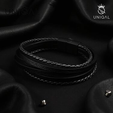Чоловічий шкіряний браслет UNIQAL 'Premium Style' з нержавіючої сталі, чорний (BLACKY, 19 см)