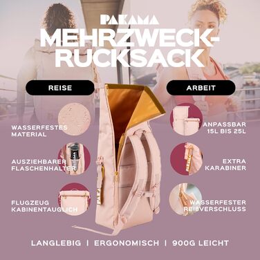 PAKAMA Рюкзак-мішок Rolltop 25л для жінок і чоловіків, водонепроникний, багато відділень, для роботи, подорожей і відпочинку, з відділенням для ноутбука, туристичний рюкзак (рожевий Paris Pink)