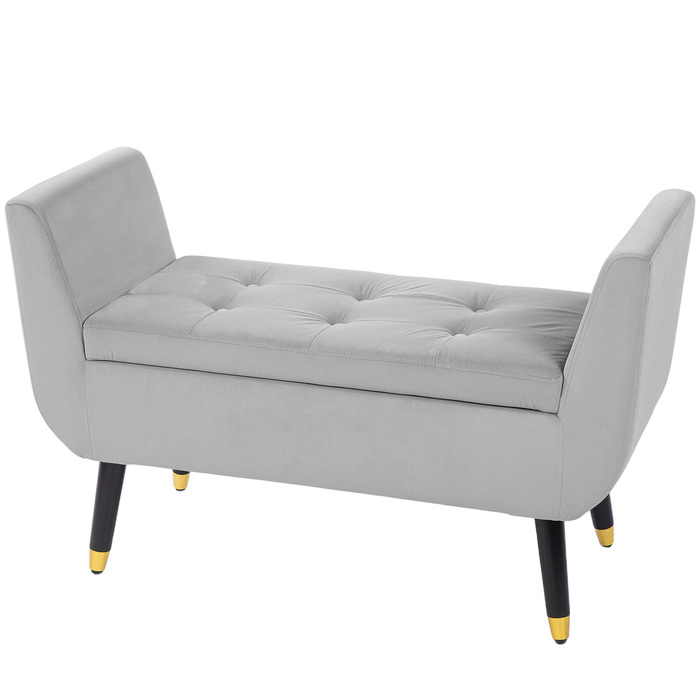 HOMCOM Luxury Bench, Upholstered Bench with Storage, Armrests, Trunk Bench, Velvet-like Polyester, Rubberwood, Light Gray, 107 x 42 x 65 cm | Aosom