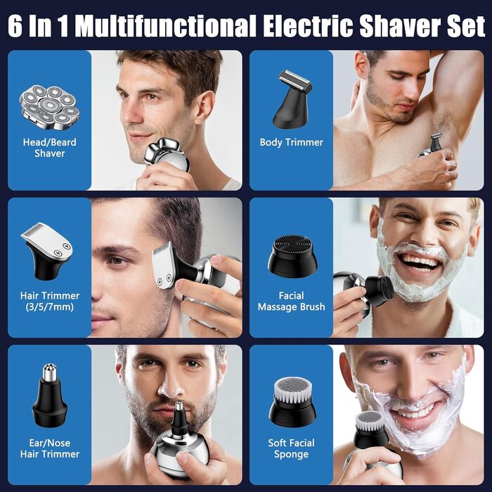 Електричний гостростример для голивної голови Glatzen, 6-в-1, з плаваючою насадкою 9D, IPX7 водонепроникний, LED дисплей, Type-C, для чоловіків