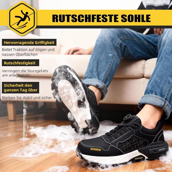 Черевики робочі чоловічі з металевим носком, легкі, дихаючі та міцні, з Clickers та захистом від проколів, неслизька підошва – взуття для професій та будівництва, 44 EU, чорний