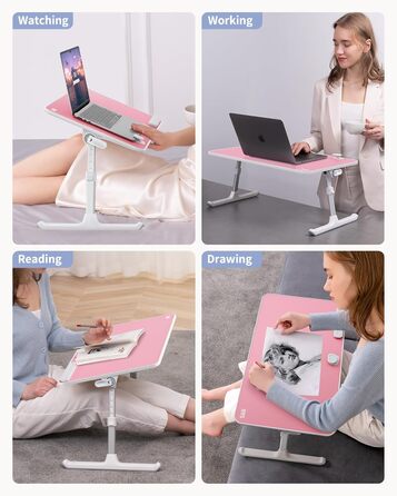 SAIJI Підставка для ноутбука на ліжко - регульована висота, складний столик для дивану/підлоги, для роботи/навчання/читання/їжі, підходить для ноутбуків до 17 дюймів (52*30 см), Рожевий