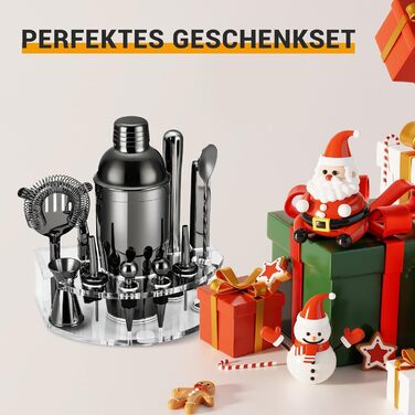Cocktail Shaker Set, Stainless Steel Cocktail Set with 12-Piece Bar Accessories, 750ML Shaker Bartender Set with Stand, Cocktail Machine Bar Set for Home, Gifts for Men Dad Bartender (Black)