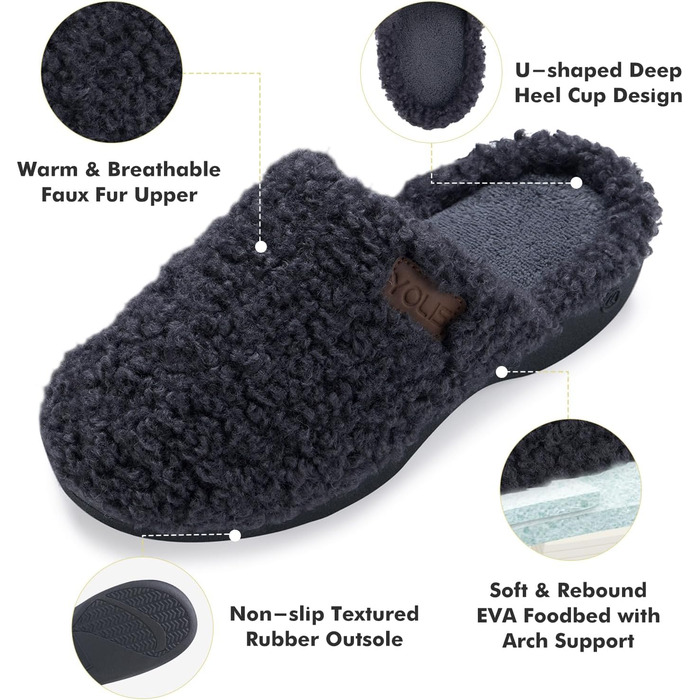Жіночі халапи YOLIS Flauschig з підтримкою склепіння стопи, м'які та зручні, з піною Memory Foam, теплі для дому та вулиці (40/41 EU, сірий)