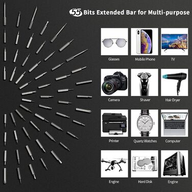 Powergiant Mini-викрутка акумуляторна з 55 бітами, LED-підсвіткою та магнітним килимком для ремонту телефонів, годинників, камер, ноутбуків