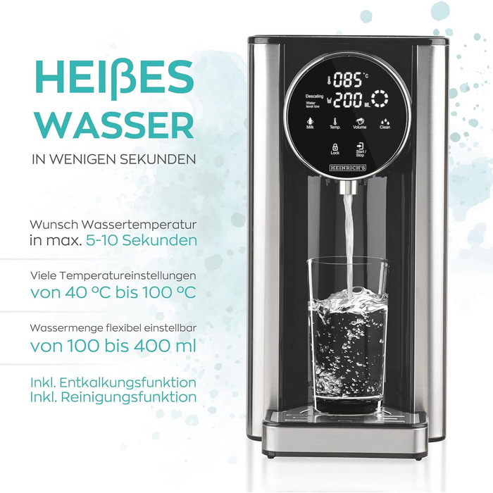 Heinrich's hot water dispenser: hot water at the touch of a button between 40°-100°C, water volume selectable from 100ml-400ml, suitable for baby food, incl. cleaning function + filter, touch display, 2.7
