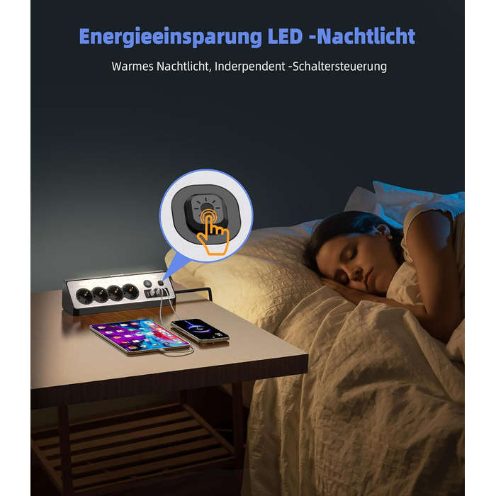 Мережевий адаптер з USB та 2 Type-C, 4 розетки, 16A, 3680W, з вимикачами, захист від перенапруги, LED, для кухні/офісу, білий/чорний