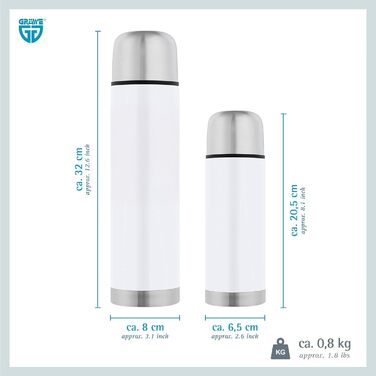 Термос GRÄWE з нержавіючої сталі, 1 л / 350 мл, білий. Термокружка-термос для напоїв, з чашкою, не протікає, можна мити в посудомийній машині