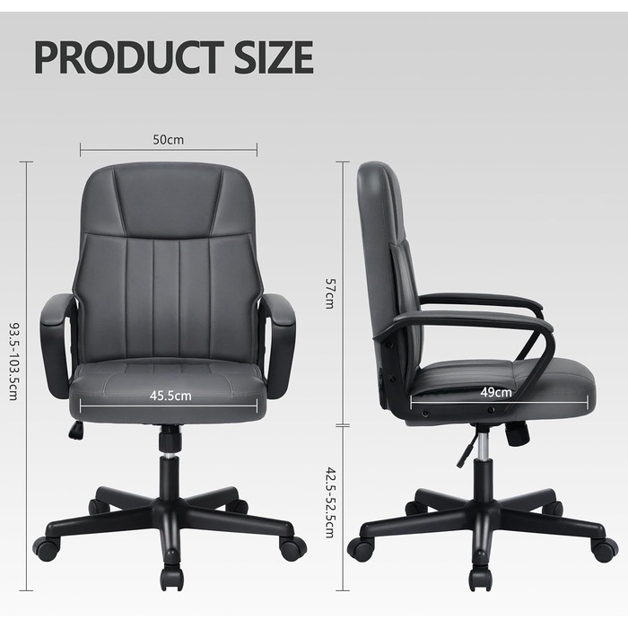 Офісне крісло MIXASTEP з PU-шкіри, регульована висота, поворотне, з підлокітниками та колесами 360°, для роботи, навчання, геймінгу (сірий)
