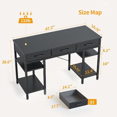 CubiCubi 120x50cm Desk with 3 Drawers & 4 Shelves - Home Office, Computer & Gaming Desk - Black