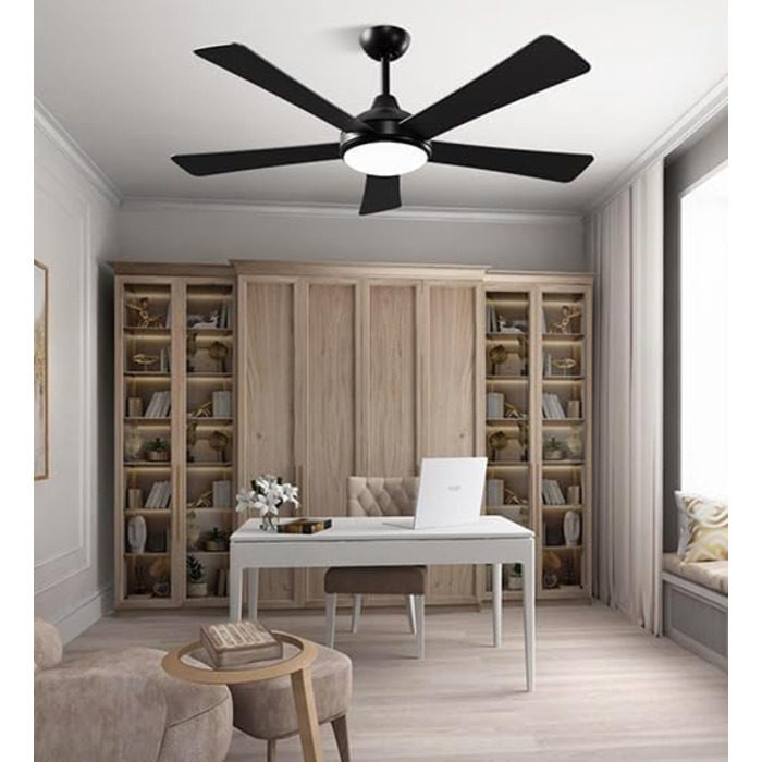 Дерев'яний стельовий вентилятор з підсвічуванням, LED 24W, тихий DC-двигун 38W, 132 см, з пультом дистанційного керування, 6 швидкостей, таймер, (Чорний)