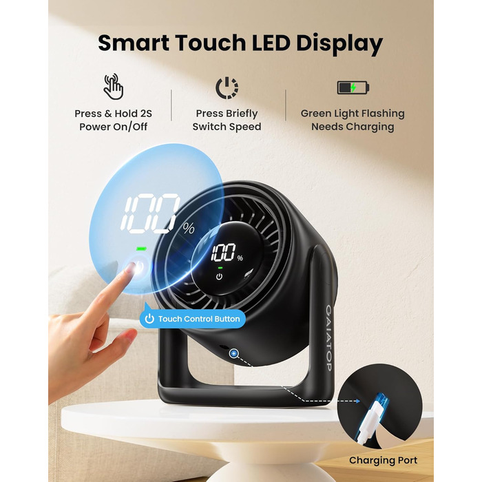 Настільний вентилятор Gaiatop з сенсорним керуванням, акумулятор 4000 мАг, 5 швидкостей, тихий міні-вентилятор з LED-дисплеєм, кут нахилу 90°, заряджається через USB-C, для офісу, спальні, дому, чорний