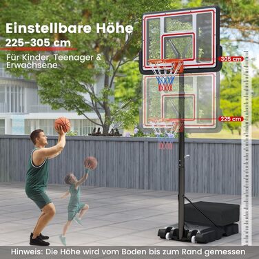 COSTWAY Adjustable Height Basketball Hoop System - Outdoor Mobile Basketball Stand with Wheels & Weight Bag (225-305cm)