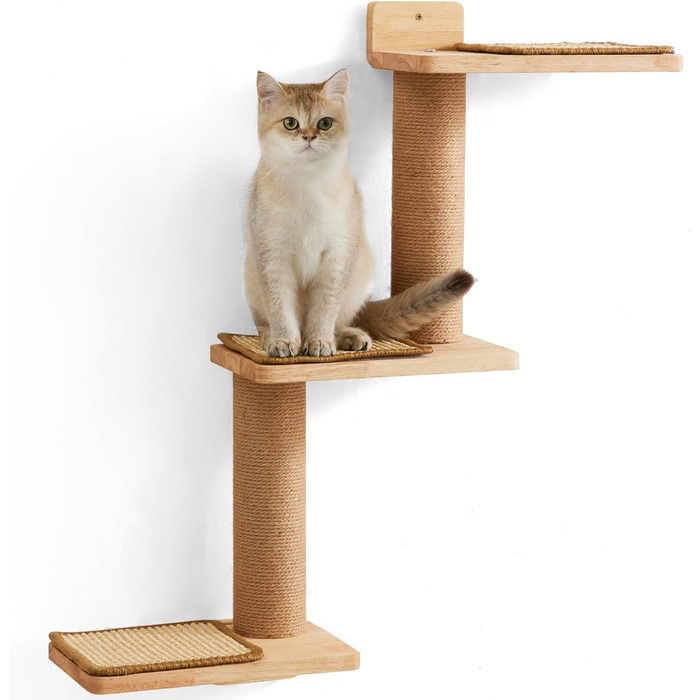 Cat Climbing Wall, Cat Shelves made of Solid Rubberwood and Jute, 3-in-1 Transformable Cat Scratching Post Wall Mounted, DIY Cat Wall/Platform, Suitable for Cats to Climb, Play, and Scratch
