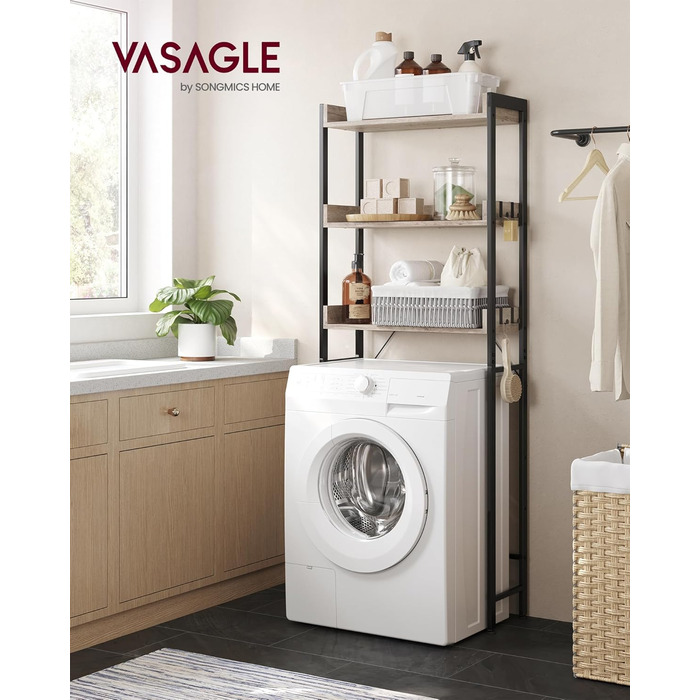 VASAGLE Toilet Shelf, 3 Tiers, Bathroom Shelf, Space-Saving, Easy to Assemble, for Laundry Room, Industrial Style, Rustic Brown and Black, BTS002B01 (Grey + Black)
