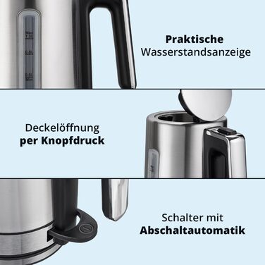 Набір для сніданку KHG: чайник та тостер, нержавіюча сталь, сріблястий, об'єм 1 л, 2 слоти, точний вилив, поворотний на 360°, 6 рівнів підсмажування, функції підігріву, розморожування та для багелів, з підспівачем для крихт