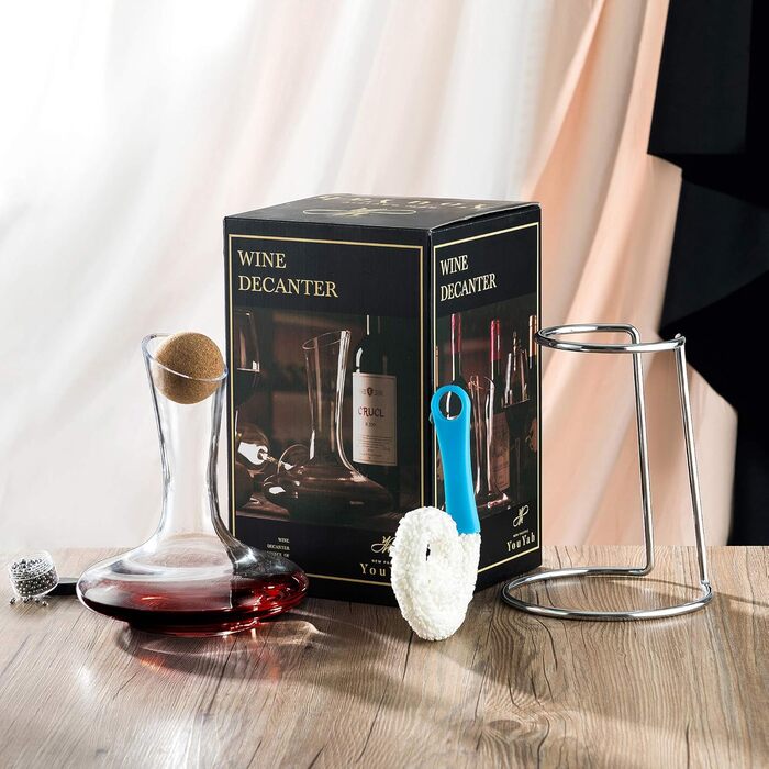 Wine Aerator Decanter Set with Drying Stand, Stopper, Brush, and Pearls, Decanter, Wine Decanter, Wine Gift, Wine Decanter, Carafe, 100% Lead-Free Blown Glass