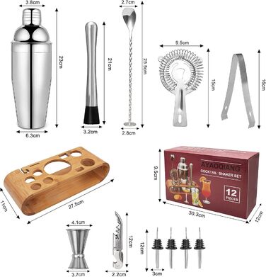 Cocktail Set, Stainless Steel Cocktail Shaker Bar Set, 12-Piece Cocktail Mixer Set with Wooden Stand, Measuring Cups and Bar Spoon, 750ml Shaker Cocktail Set for Home or Bar