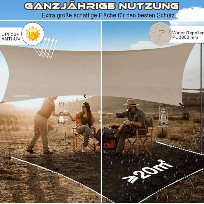 Водонепроникна тентова накидка Tarp 3.7 x 4.3 м з опорами, кільцями, шнуром, для кемпінгу, відпочинку на природі, захисту від сонця та дощу (Хакі)