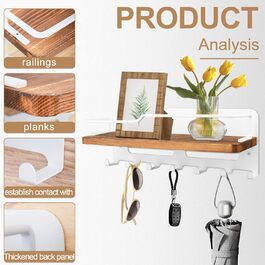 Дерев'яне ключове дошка JiangLin з полицею, декоративний тримач для ключів, настінна ключниця з 7 гачками, для входу, коридору, вітальні (білий)