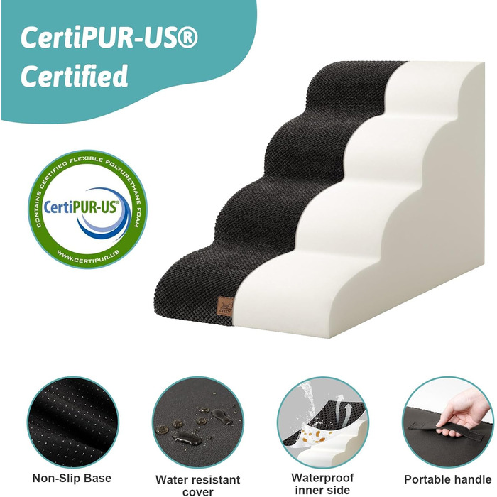 Сходинки для собак маленьких порід, сходи для домашніх тварин на диван з високощільним губкою, сходи для собак з миючим покриттям та неслизьким дном (3), чорний колір, 4 сходинки (40x72x50 см)