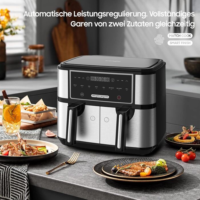 Iceagle Dual Zone Air Fryer Double Chamber 9L - XXL Air Fryer with 8 Programs | Airfryer with 2 Baskets, Oil-Free Fryer, Preheating & Keep Warm, 2600W